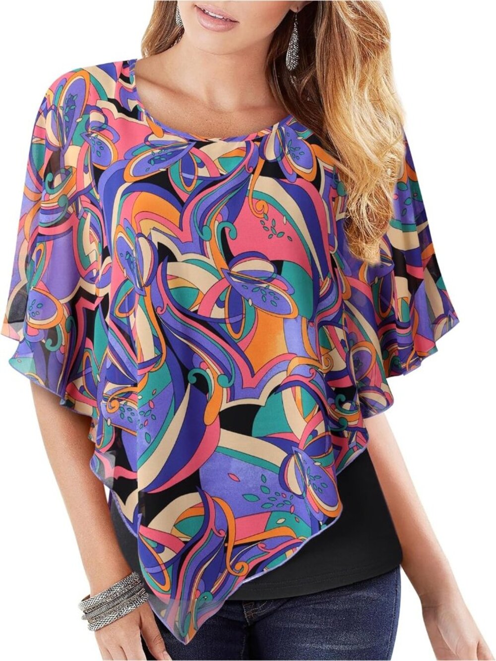 Women's Multi Blue Elegant Lightweight Flowy Shirt Double Layered Printed Top